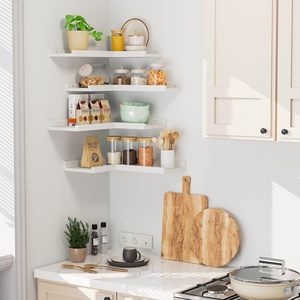 Estantes de Pared de Esquina Modernos de 4 Niveles, Color Blanco, Estantes Flotantes de Madera con Borde, <span class=keywords><strong>Estante</strong></span> de Esquina en Forma de L <span class=keywords><strong>para</strong></span> Sala de Estar - Product Image 2