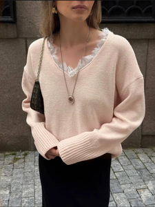 <span class=keywords><strong>Pull</strong></span> en maille respirant pour femme, style vintage, col en <span class=keywords><strong>dentelle</strong></span>, 100% polyester, pour l'automne - Product Image 1