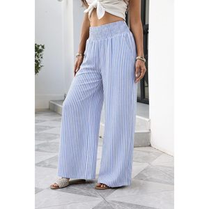 FOXA Wide Leg Pants Woman High Waist Striped Trousers With <b>Pockets</b> Casual Lounge Breathable Oxford Fabric - Product Image 3