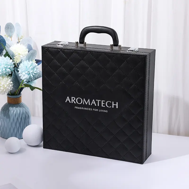 Personalizado grande couro Cosmetic Gift Box attar caixa de luxo árabe com alças pasta bambu de madeira caixas mala