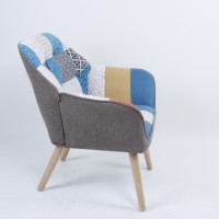 Fauteuil d'appoint moderne en tissu patchwork multi-imprimé, capitonné, avec pieds en bois massif, pour salon, certifié BSCI