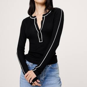 Fabricant de tricots 2026, chemise en tricot sur mesure, style Y2K chic, sexy, coupe ajustée, chemise Henley Old Money pour femmes - Product Image 1