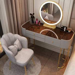 Modern Makeup Vanity Desk With Led Mirror <b>Gold</b> Legs Gray Fabric Chair For Bedroom <b>Dressing</b> <b>Table</b> - Product Image 1