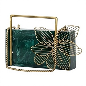Green Resin <b>Clutch</b> <b>Bag</b> With Gold Butterfly Design For Wedding Occasion - Product Image 1