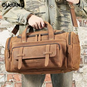 Bolsa de viaje de cuero Dujiang Crazy Horse para hombre, de gran capacidad, informal, para negocios, color marrón sólido. - Product Image 1