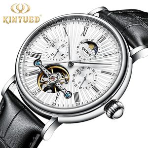 Montres classiques pour hommes <span class=keywords><strong>KINYUED</strong></span>, montres mécaniques automatiques rétro, étanches, tourbillon, horloge, cuir véritable, montres à phases lunaires - Product Image 2