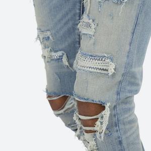 Jeans skinny vintage personnalisés avec strass en diamant empilés et délavés pour hommes - Product Image 3