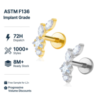 Anting-anting tindik bibir, tragus, helix berbahan titanium ASTM F136 JIAXIN berlapis emas 18K dengan zircon, ulir dalam.