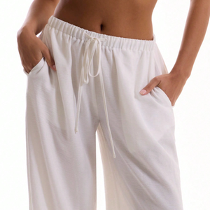 OEM Custom Womens Holiday Textured <b>Linen</b> Feel Tie Waist Wide Leg <b>Trousers</b> Summer Elegant Beach Vacation Loose Flowy Pants - Product Image 3