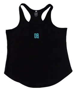 Mens custom black 100% polyester cooldry with curved bottom pattern with screen printed logos gym training stringer vest top