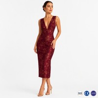 Robe Midi Femme Col V Profond Sans Manches Style Colonne Jacquard Floral 260GSM Fil Métallique Personnalisable OEM Vente en Gros