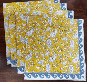 Hand <b>Block</b> Printed Cotton Table Napkin Yellow Paisley Pattern Rectangle <b>Shape</b> Traditional Style Home Decor 18x18 inch - Product Image 1