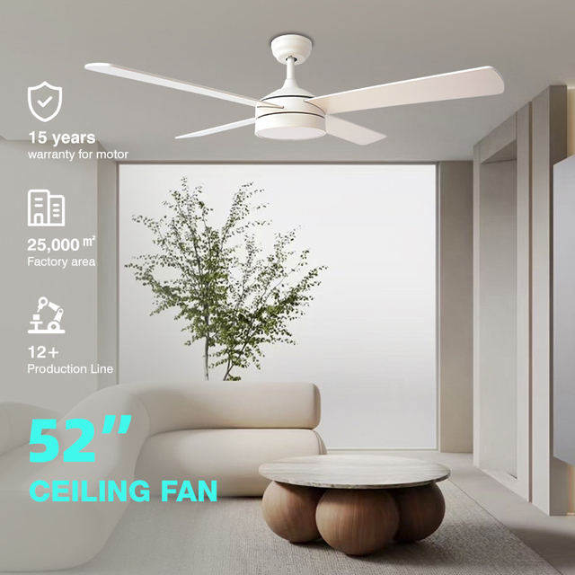 Modern Decorative Tuya WiFi 52inch 4 Blades Slient Indoor Home Bedroom Remote Control LED Plywood Ceiling Fan with Light