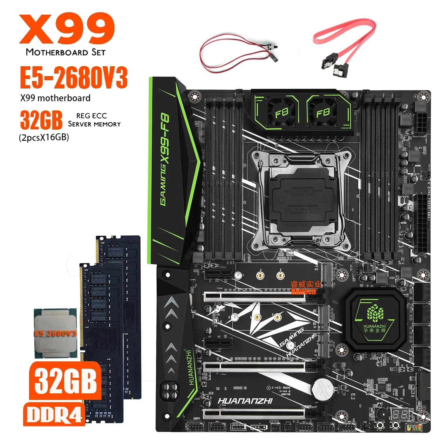 HUANANZHI X99 F8 X99 Motherboard with Intel XEON E5 2680 V3 with 2*16GB = 32GB DDR4 2133MHz REG ECC Memory Combo Kit Set NVME