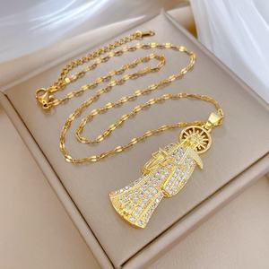 Pendentifs Santa Muerte en Cuivre, Scythe du Dieu de la Mort, Luxe Léger, Élégant, Entièrement Sertis de Diamants, Unisexe, Collier Chaîne Bambou Assorti à Tout - Product Image 2