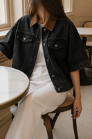 Chaqueta vaquera negra para mujer con cuello de pana marrón, abrigo vaquero oversize a la moda con botones plateados elegantes