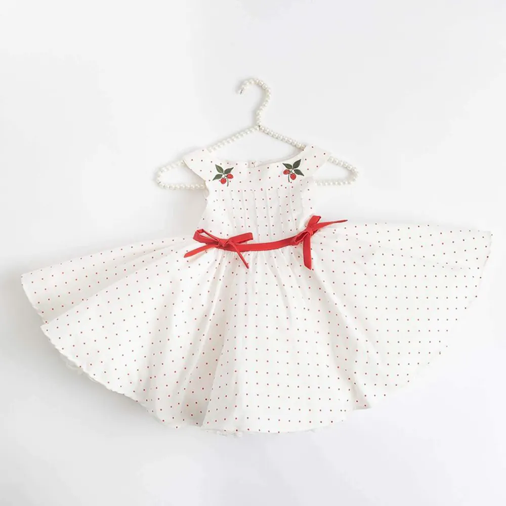 white dress breathable sleeveless A-line cotton soft red polka dot Mistletoe holly christmas dress for kids 2022