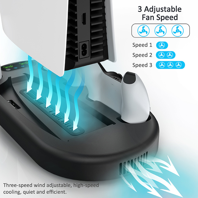 For Playstation 5 Multifunctional Vertical Charging Stand Slim Plastic Storage with Wired Communication Cooling Fan and Charger