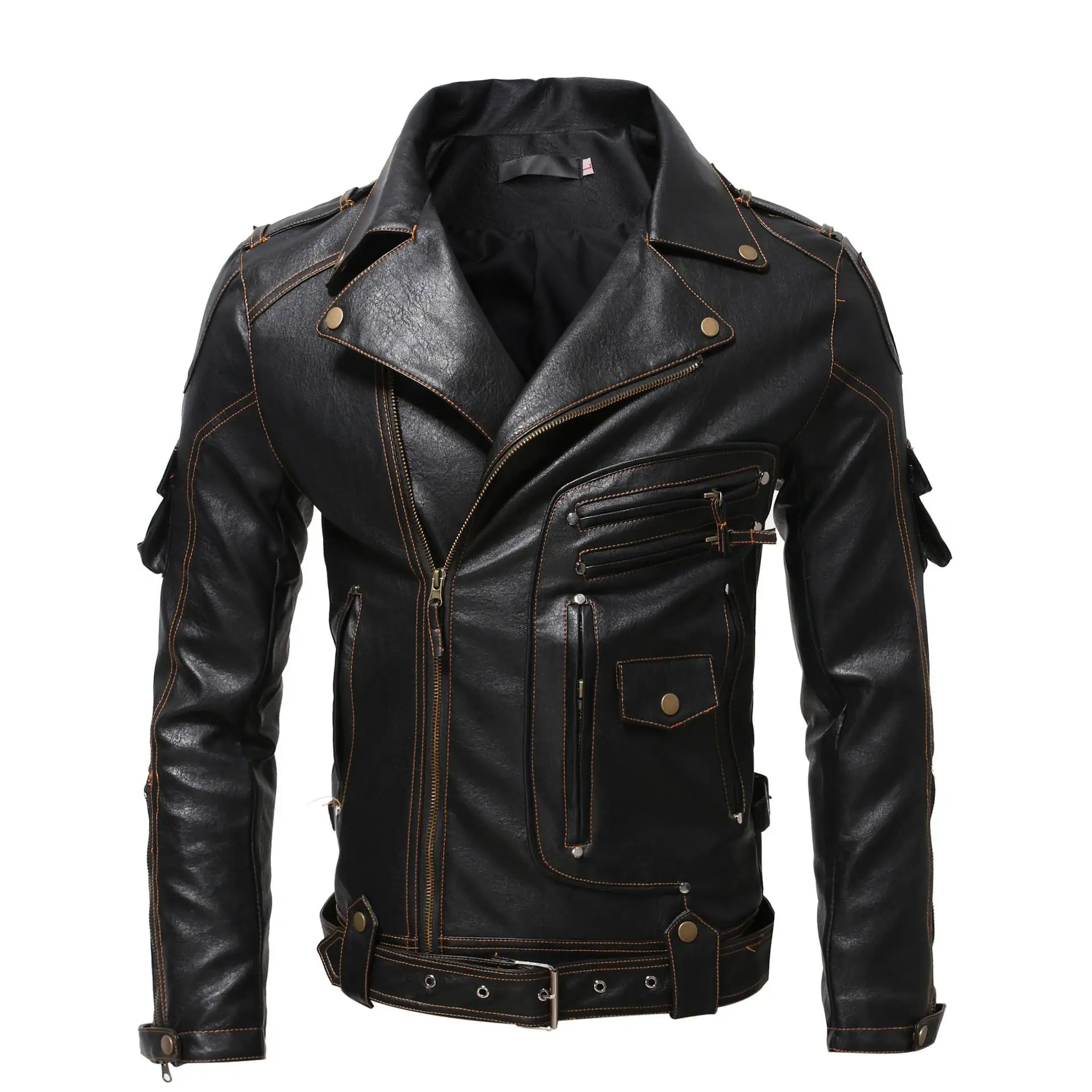 DAMOCHIC Custom Logo Plus Size Men's Jackets Winter Long Sleeve Coats Pockets Zipper Motorcycle Leather Jackets for Men 2022