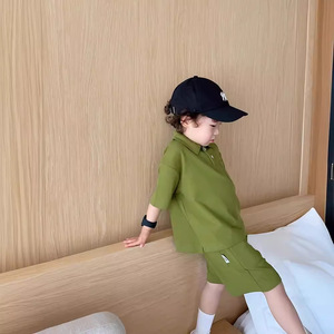 ชุดเสื้อผ้าเด็กผู้ชาย ชุดลำลองสองชิ้น สำหรับฤดูร้อน ผ้าโพลีเอสเตอร์ สีพื้น ทรงหลวม สไตล์สปอร์ต - Product Image 5