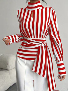 Tendenza Moda Autunnale: <span class=keywords><strong>Camicia</strong></span> da Donna a Righe Contrastanti con Colletto a Sciarpa Retrò, Maniche Lunghe, Elegante - Product Image 2