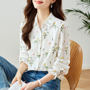 Lace Lapel Long Sleeve Shirt <strong>Women's</strong> Summer New Elegant Lady Pure Cotton Embroidery Shirt - Product Image 1