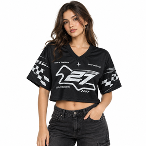 Womens V <b>Neck</b> Cropped Racing <b>Fan</b> Jersey Mesh Short Sleeve Drop Shoulder Custom Sublimation Track Graphic Motorsport Polyester - Product Image 1