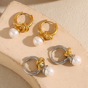 European American Style French Retro 18K Gold Plated Stainless Steel <b>Knotted</b> Heart Pearl Hoop <b>Earrings</b> Fine Jewelry - Product Image 2