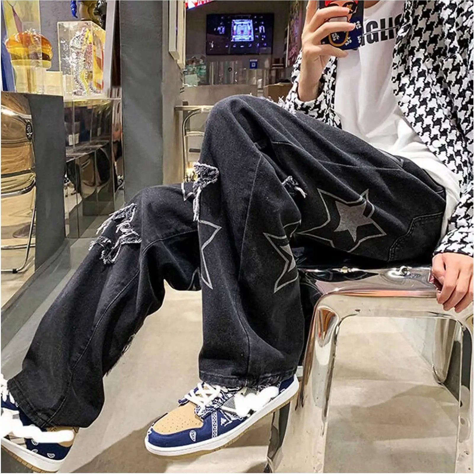 kundenspezifisch Y2K Baggy Jeans für Herren breite Beine gerader Denim-Hose Hip Hop lockere Hosen Streetwear Jeans Herrenhosen