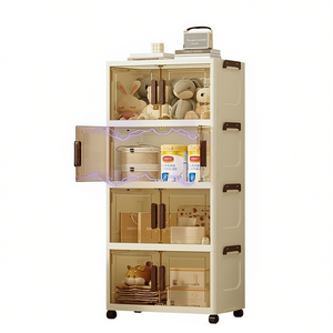 ตู้เก็บของพลาสติกแบบซ้อนได้ทันสมัย สี่ชั้น พับเก็บได้ ลิ้นชักแบบมีล้อ ดีไซน์เปิดด้านหน้า สำหรับเสื้อผ้า หนังสือ ของใช้ในบ้าน - Product Image 1