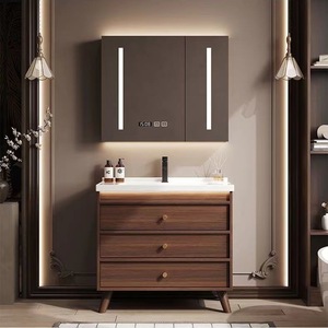 Walnut color bathroom cabinet ceramic integrated washbasin floor-standing bathroom cabinet bathroom - Product Image 2