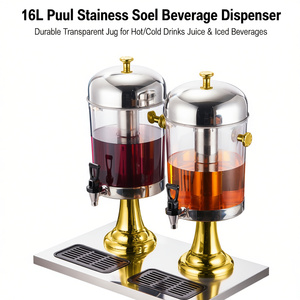 Dispensador de bebidas doble de acero inoxidable de 16L con jarra transparente para bebidas frías y calientes, jugos y bebidas con hielo. - Product Image 1
