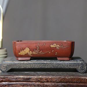 Pot à Bonsaï Rectangulaire en Zisha Peint à la Main, Jardinière en Argile Style Classique, Bac de Bureau Antique Fait Main - Product Image 1