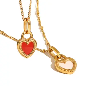 Elegant 18K Gold Plated Double-Sided Jewelry Stainless Steel Black White Signet Lock Heart Necklace