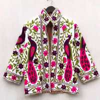 Blouson Bomber Femme en Velours Brodé Suzani Style Ethnique Ouzbek Vintage Doublure Coton Respirante Vêtement d'extérieur Classique B2B