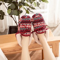 Chaussons d'intérieur pour femmes en tricot géométrique vintage, doublés de polaire douillets, chauds pour l'hiver, avec joli nœud décoratif et semelle antidérapante