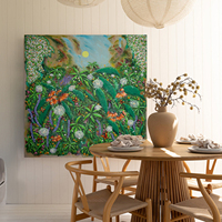 Peinture à l'huile abstraite florale de la jungle tropicale luxurante, peinte à la main, plantes sauvages colorées, impasto épais, botanique vibrante, sur bois à suspendre
