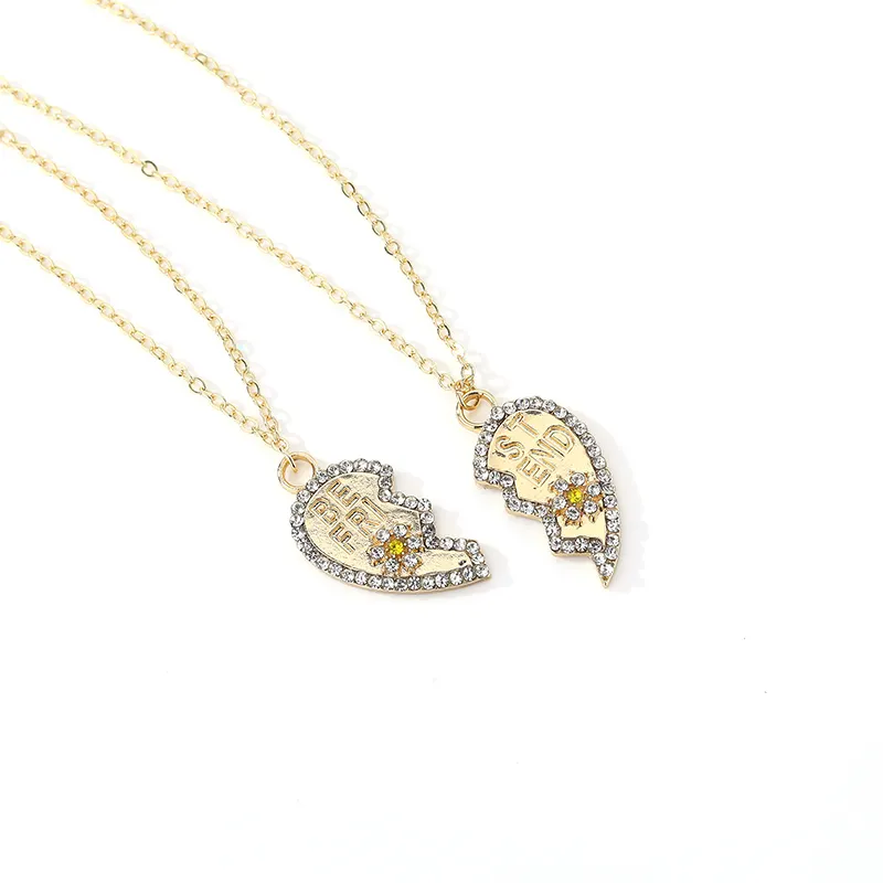 Fashion Alloy Broken Heart Girl Gift Flower Cz Best Friend Heart Pendant Necklace Sets