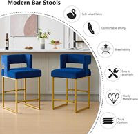 Ensemble de tabourets de bar modernes pour îlot de cuisine 2 chaises de bar à hauteur de comptoir en velours bleu doré avec dossier carré et bras pour la maison
