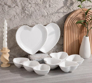 Custom White Heart Shaped Porcelain <b>Plates</b> and Bowls with Beaded Rim, Elegant <b>Ceramic</b> Tableware for Wedding, Valentine's Day - Product Image 1