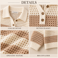 Pull ample en tricot crocheté rayé à col polo ajouré pour femme, idéal printemps-automne