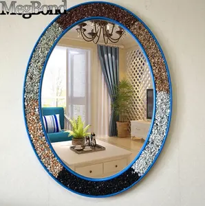 Pasir alami dibingkai Mediterania oval cermin dinding untuk dinding kamar mandi, desain bahari oval cermin dinding besar