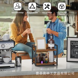Kitchen Storage Rack 2 Tier Brown Wood Metal X Shape Design Countertop Organizer for Pantry Bathroom - Product Image 5