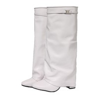 Bottes plissées à talons hauts et épais pour femme, hauteur genou, avec boucle de ceinture, couleur unie, été hiver, pour le marché international
