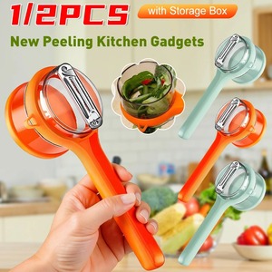 Couteau à éplucher les pommes de terre, éplucheur de légumes avec seau de rangement pour les pelures, couteau à éplucher les fruits multifonction, grattoir, gadgets de cuisine - Product Image 5