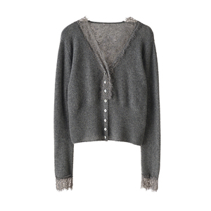 Cardigan alla moda da <span class=keywords><strong>donna</strong></span> con scollo a V in <span class=keywords><strong>pizzo</strong></span> Cashmere autunno Casual Cardigan in lana Cashmere lavorato a <span class=keywords><strong>maglia</strong></span> maglione da <span class=keywords><strong>donna</strong></span> - Product Image 5