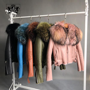 Janefur, venta al por mayor, gran cuello de piel de mapache, piel de oveja, <span class=keywords><strong>abrigo</strong></span> de piel de cordero Real de invierno, <span class=keywords><strong>abrigo</strong></span> de piel de lana de cuero de doble cara - Product Image 5