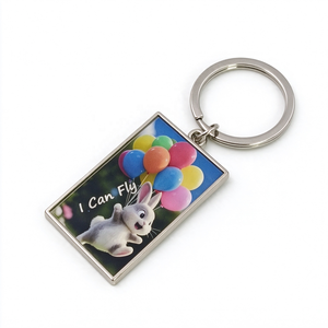 Porte-clés rectangulaire en alliage de zinc avec impression UV, lapin de dessin animé avec ballons, breloque en métal, cadeau de Pâques - Product Image 2