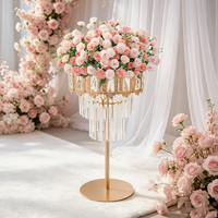 Support à fleurs en métal doré pour décoration de mariage avec pendentif en acrylique cristallin, centre de table pour mariage