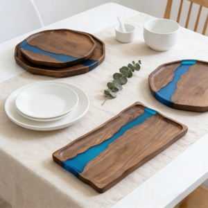 Nouveau grand plateau de rangement décoratif multifonctionnel en bois d'acacia et résine époxy <span class=keywords><strong>pour</strong></span> charcuterie et fromages personnalisés - Product Image 3